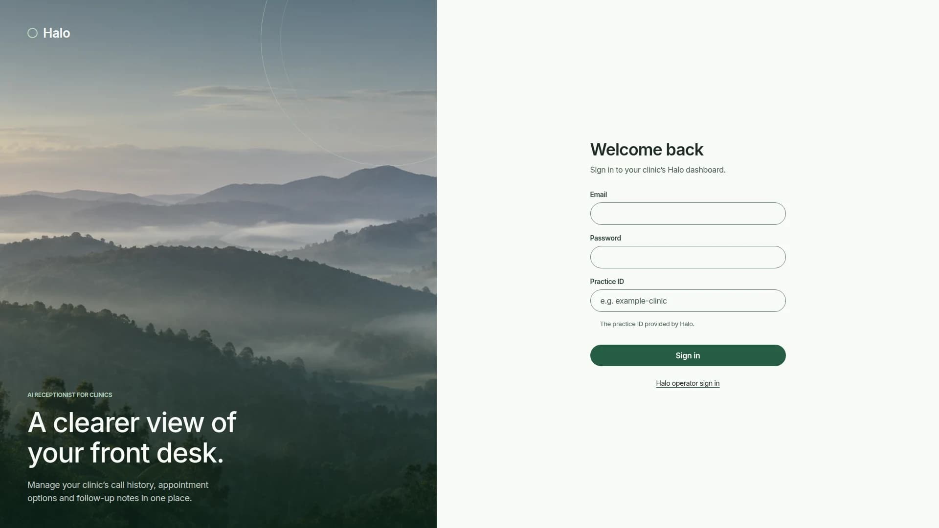 Halo clinic sign-in with a lake and mountain sunset